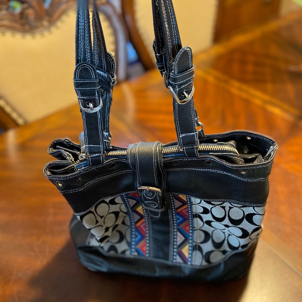 Upcycled Coach Satchel washed and leather added. - Picture 5 of 16